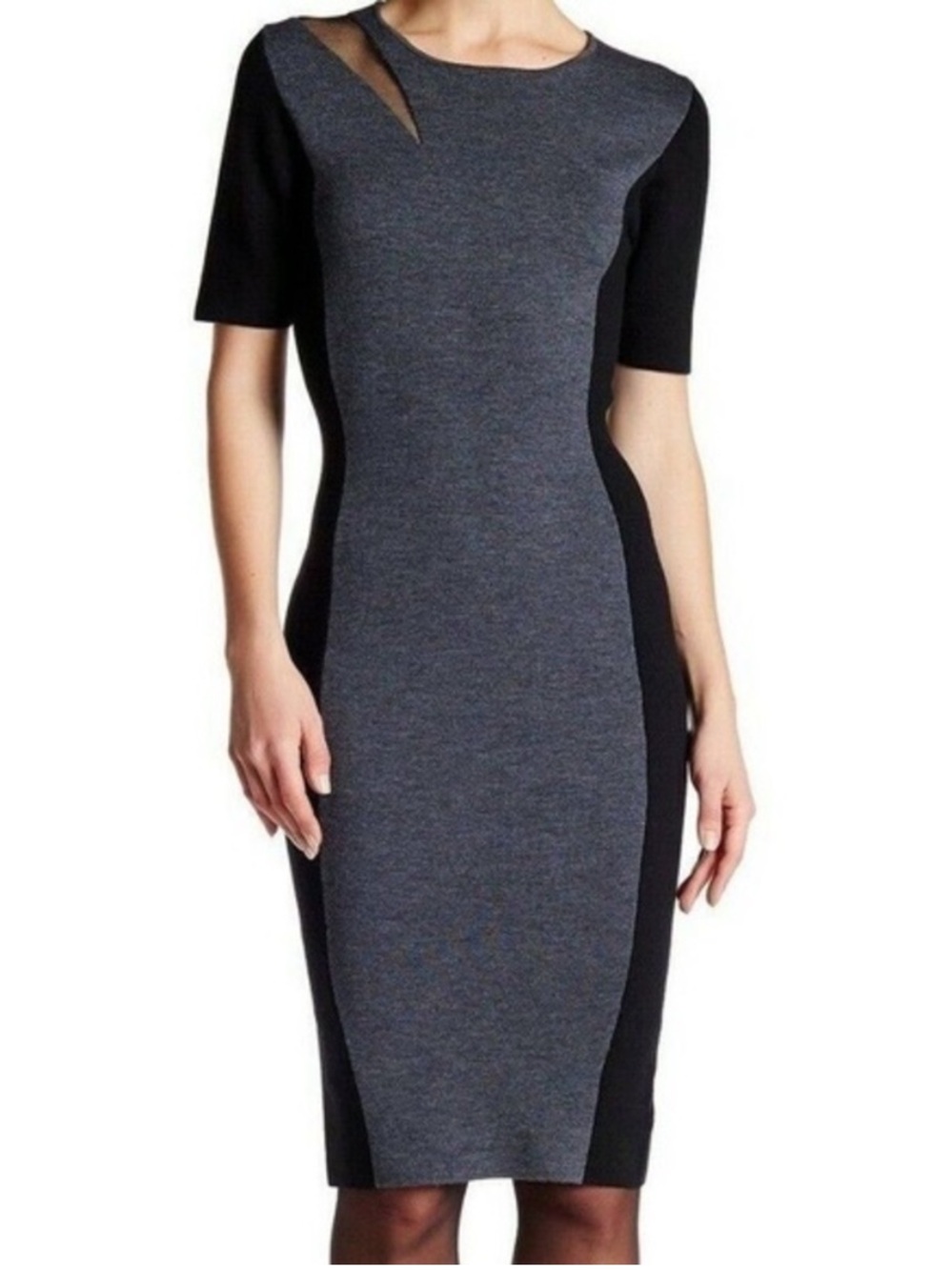 Elie Tahari Black and Gray Midi Sheath Dress 100% merino wool